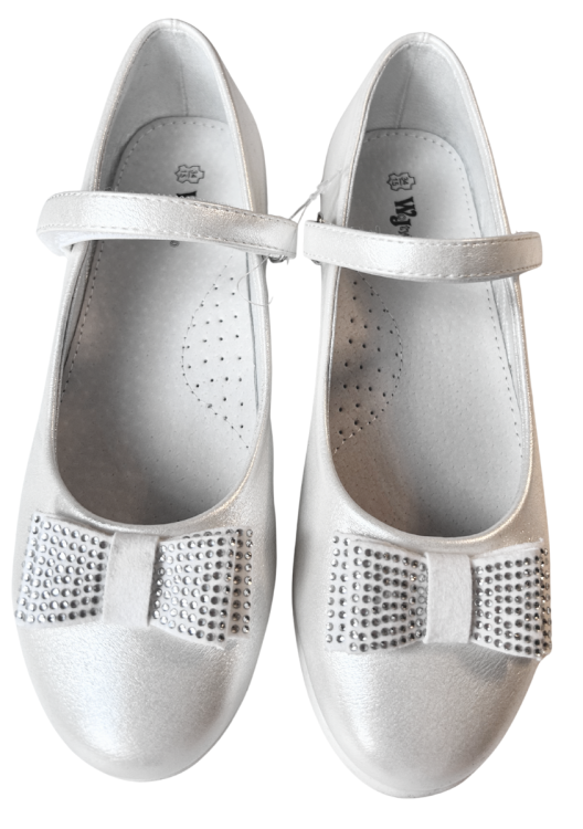 Buty komunijne baleriny z cekinową kokardką