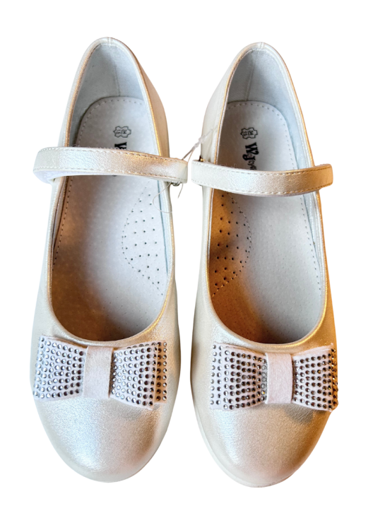 Buty komunijne baleriny z cekinową kokardką