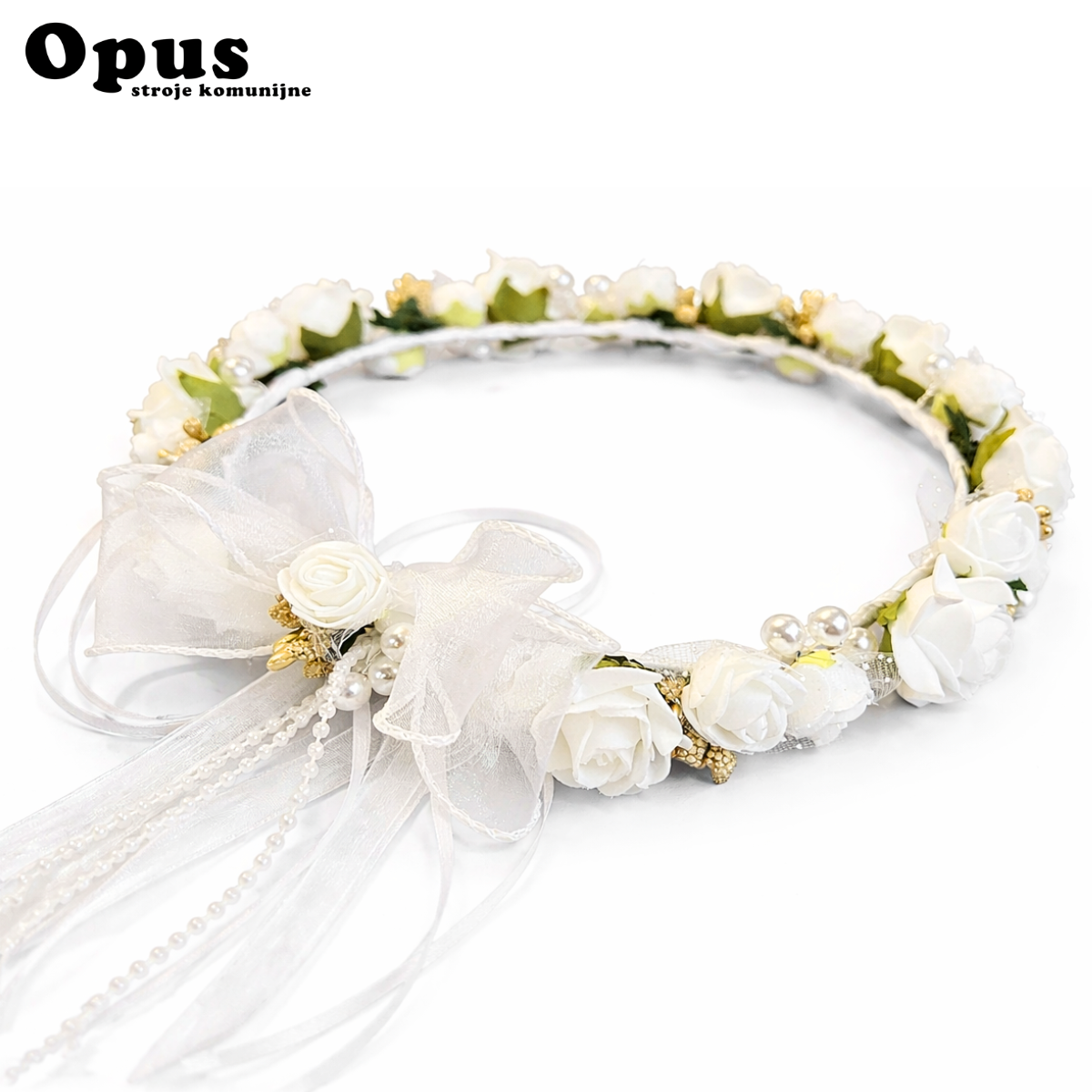 Wianek komunijny biały z kokardą i perełkami – elegancki wianek do komunii